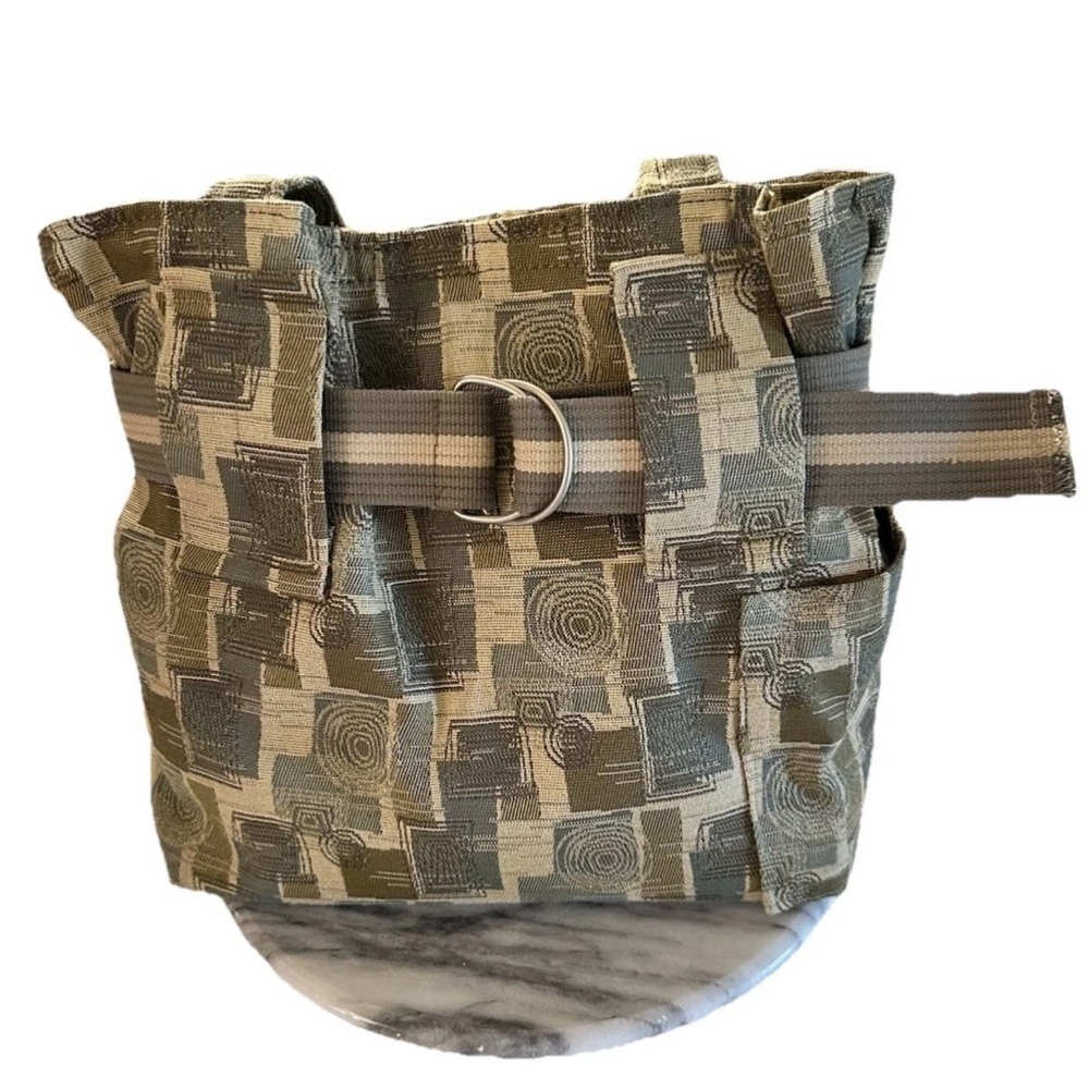 Hobo Belted Geometric Pattern Shoulder Canvas Bag Olive Green & Tan Bohemian